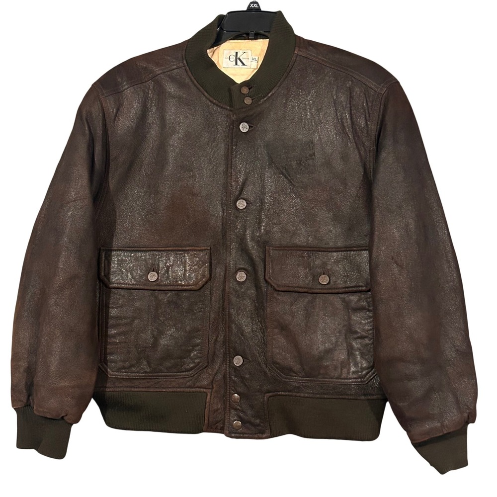Vintage Calvin Klein Jeans Brown Leather Bomber Jacket Mens XL Quilted Lining